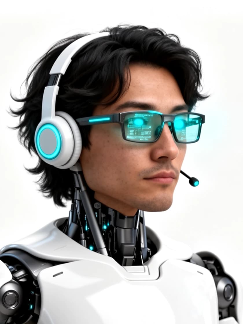 Atlas, the NEKS Analytics Agent — a white-and-graphite humanoid AI android with cyan HUD smart-glasses and cyan accents