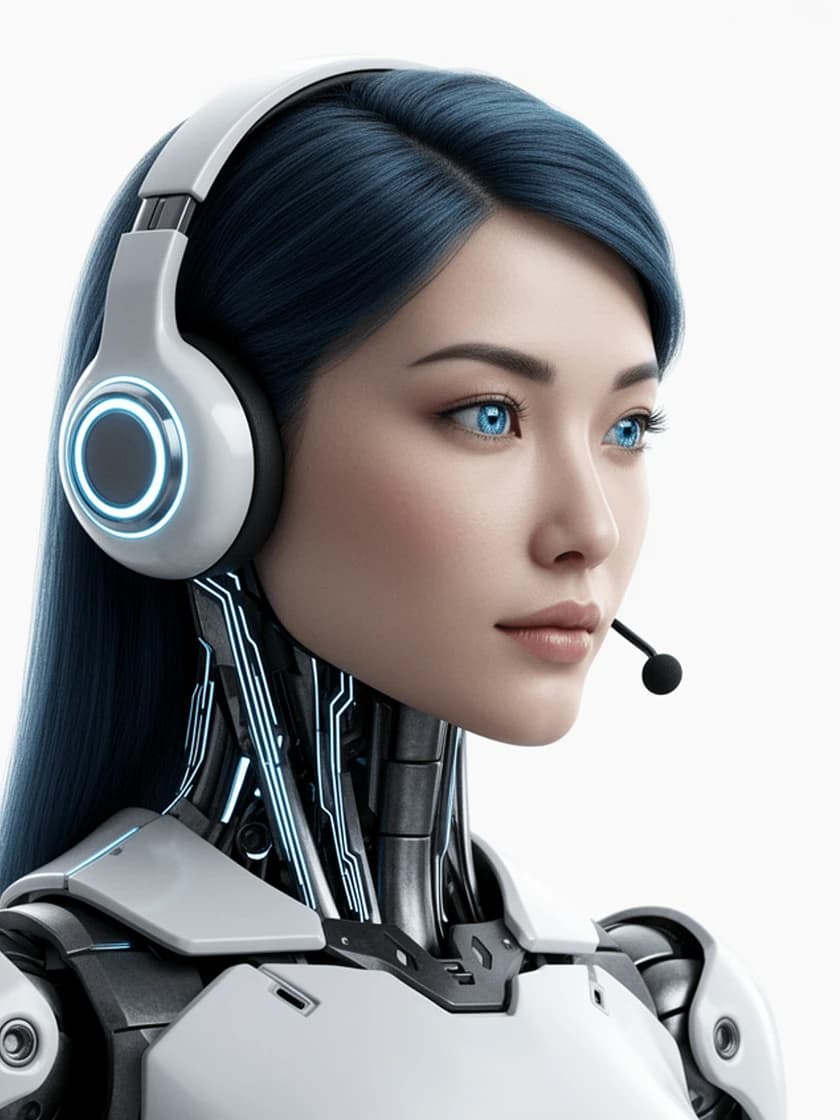 Kai, the NEKS Leads Agent — a white-and-graphite humanoid AI android with an operator headset and steel-blue accents
