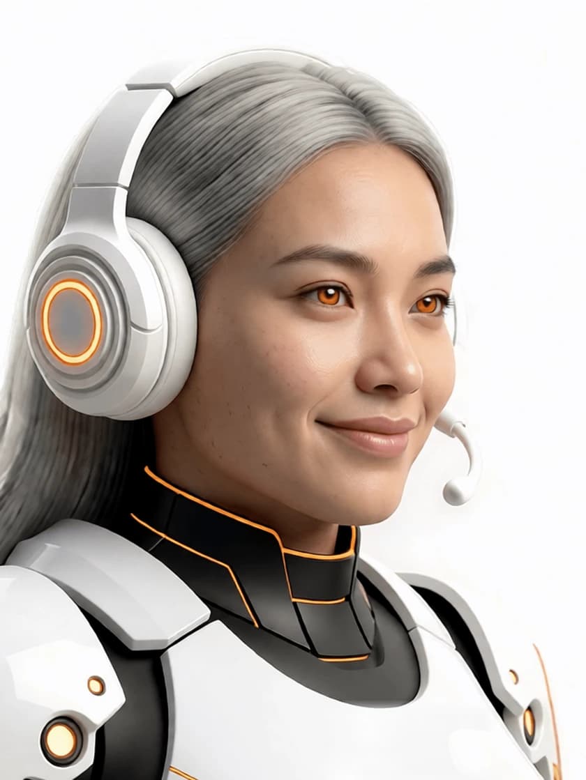 Kolin, the NEKS Restaurant Host — a white-and-graphite humanoid AI android with silver hair, an operator headset and amber accents