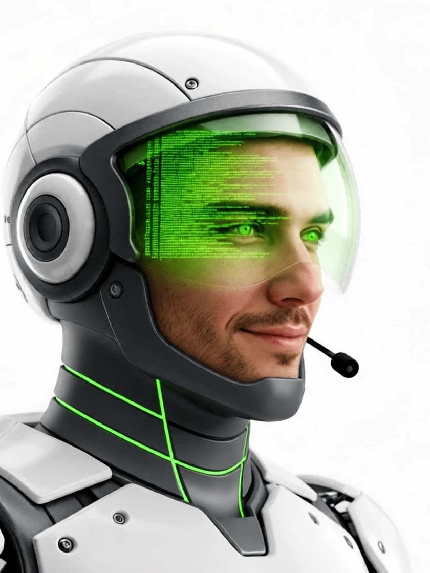 Remy, the NEKS Sales & Order Agent — a white-and-graphite humanoid AI android with a full-visor helmet, green HUD and green accents